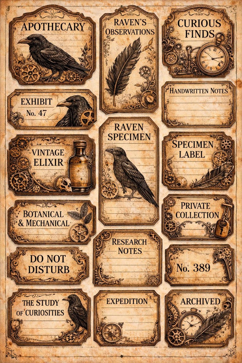 Steampunk Raven Junk Journal Labels Printable, Gothic Ephemera Labels ...
