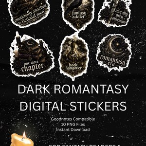 Könnte beinhalten: Digitale Sticker im Dark-Romantasy-Stil mit Illustrationen und Texten wie "emotionally attached to fictional men" und "fantasy addict". Enthält eine brennende Kerze und den Text: "For Fantasy Readers & Booktok Lovers."