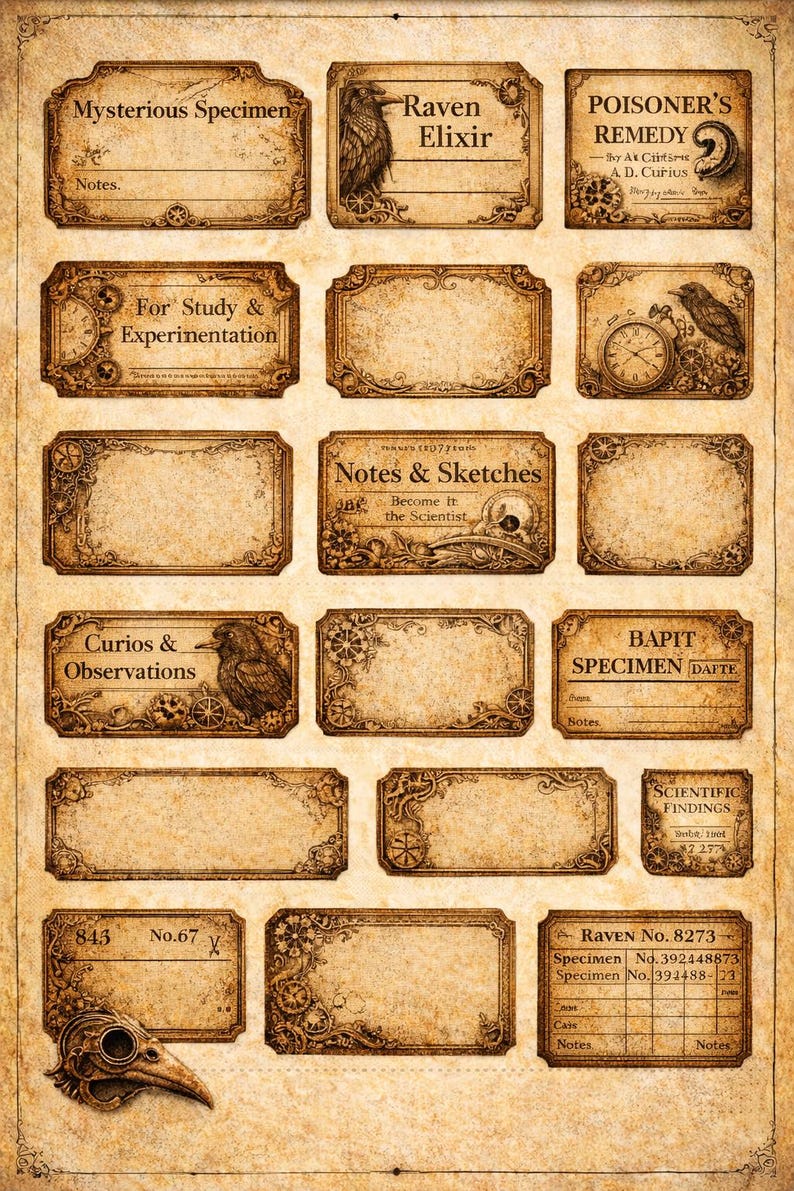 Steampunk Raven Junk Journal Labels Printable, Gothic Ephemera Labels ...