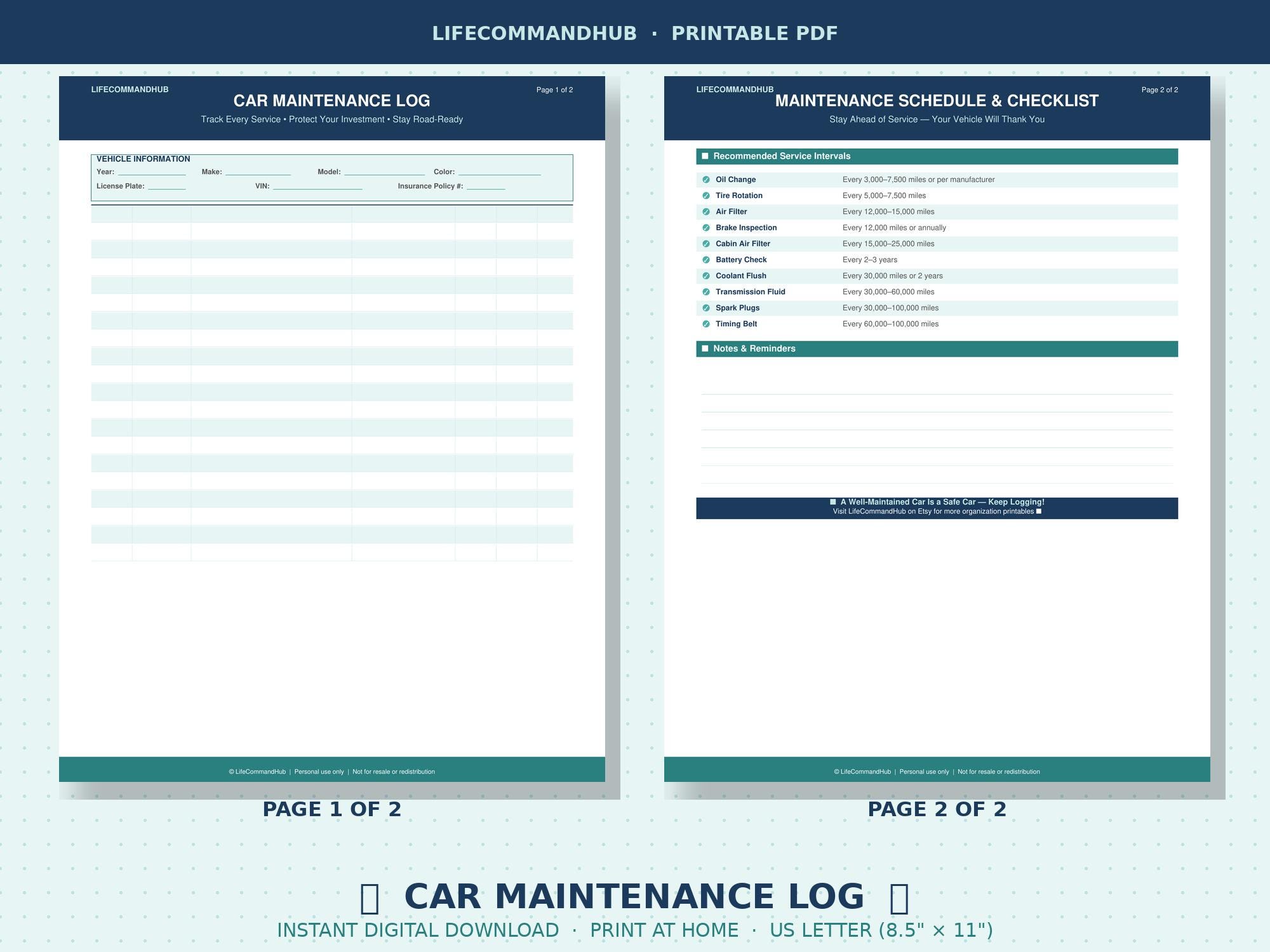 Car Maintenance Log Printable PDF Vehicle Service Tracker and Repair ...