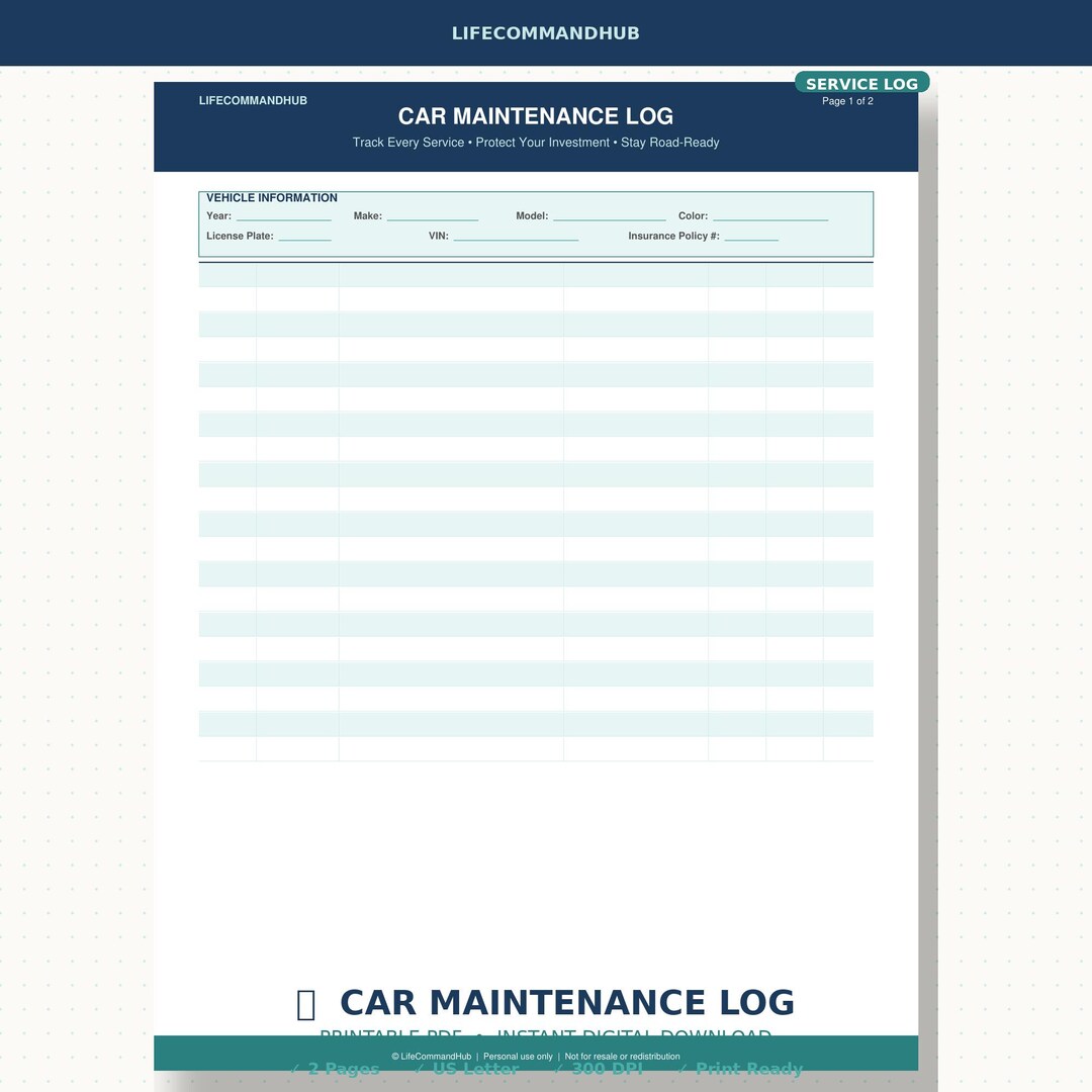 Car Maintenance Log Printable PDF Vehicle Service Tracker and Repair ...