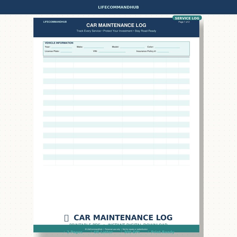Car Maintenance Log Printable PDF Vehicle Service Tracker and Repair ...