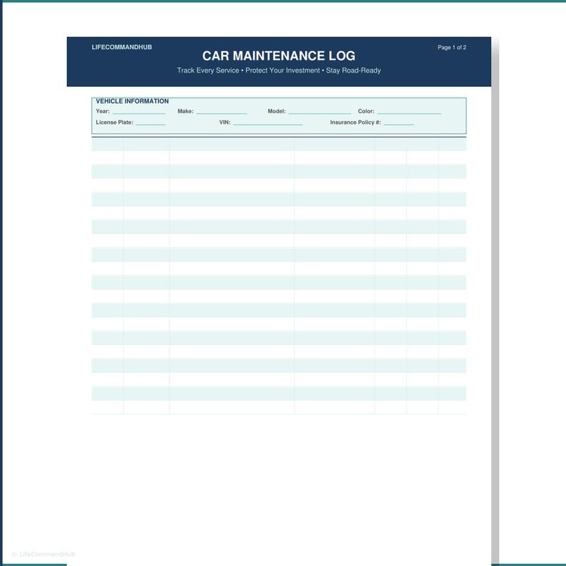 Car Maintenance Log Printable PDF Vehicle Service Tracker and Repair ...