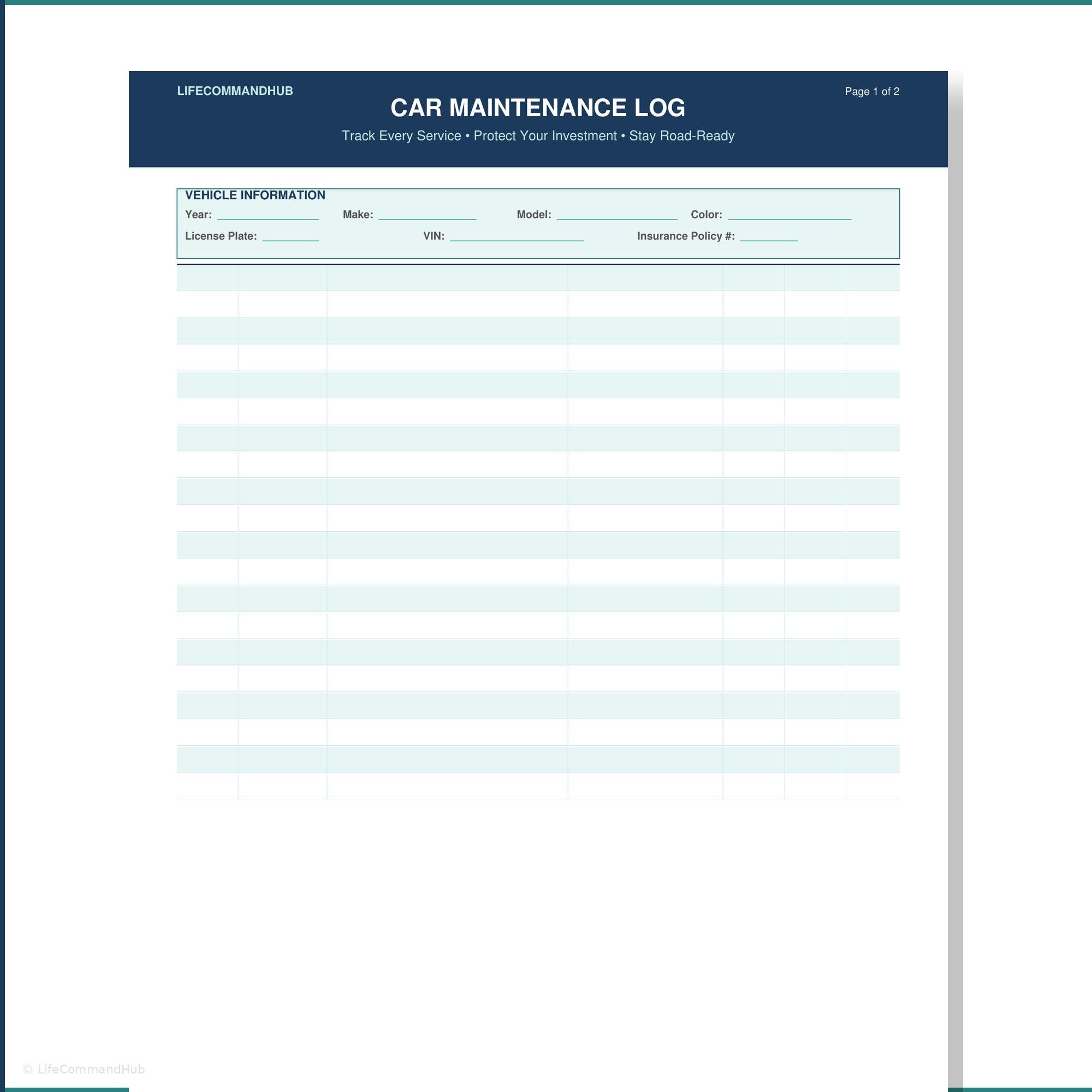 Car Maintenance Log Printable PDF Vehicle Service Tracker and Repair ...