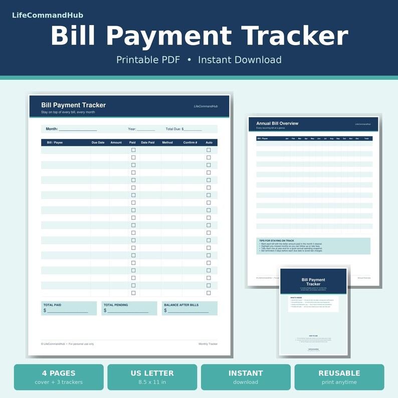 Bill Payment Tracker Printable PDF Monthly Bills Organizer Finance ...