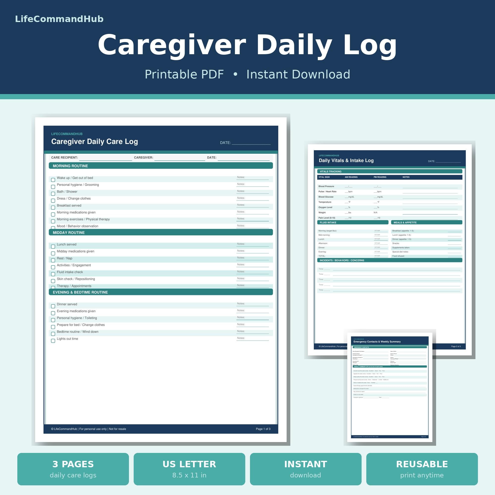 Caregiver Daily Log Printable | Elder Care Planner | Daily Care Chart ...