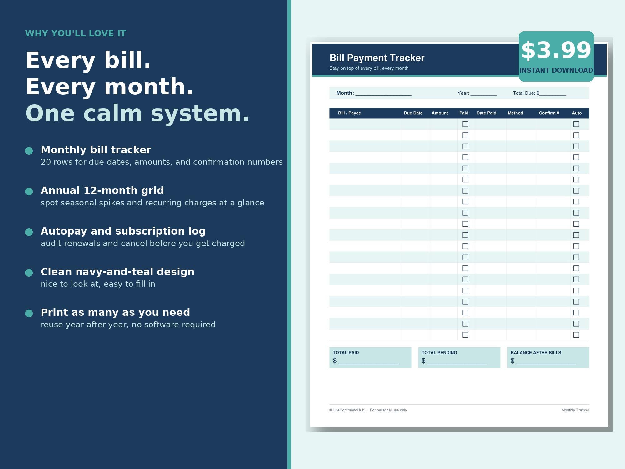 Bill Payment Tracker Printable PDF Monthly Bills Organizer Finance ...