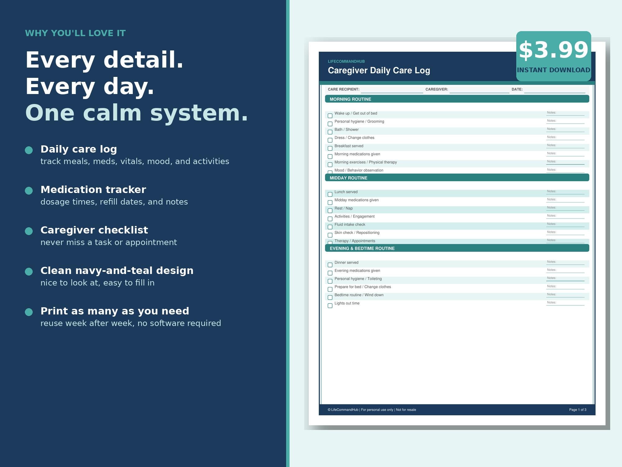 Caregiver Daily Log Printable | Elder Care Planner | Daily Care Chart ...
