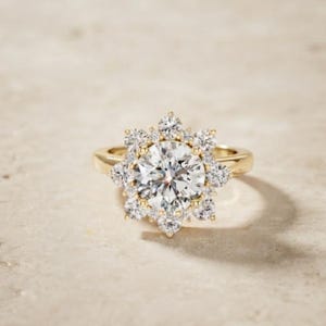 Round Moissanite Cluster Ring, Snowflake Halo Engagement Ring, 925 Sterling Silver Ring, Floral Statement Ring