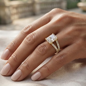 Radiant Moissanite Solitaire Ring with Pave Split Shank, 925 Silver Bridal Ring, Wedding Ring, Promise Ring