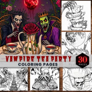 May include: Digital illustration of a vampire tea party. Two vampires sit at a table with a teapot, teacups, and a large red rose. The text "Vampire Tea Party Coloring Pages" is displayed. The image includes 30 pages.