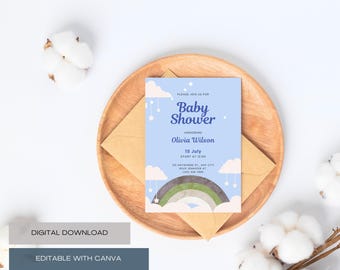 Invitación para baby shower • Nubes azules, estrellas, arcoíris • Niño moderno en tonos pastel (descarga digital)