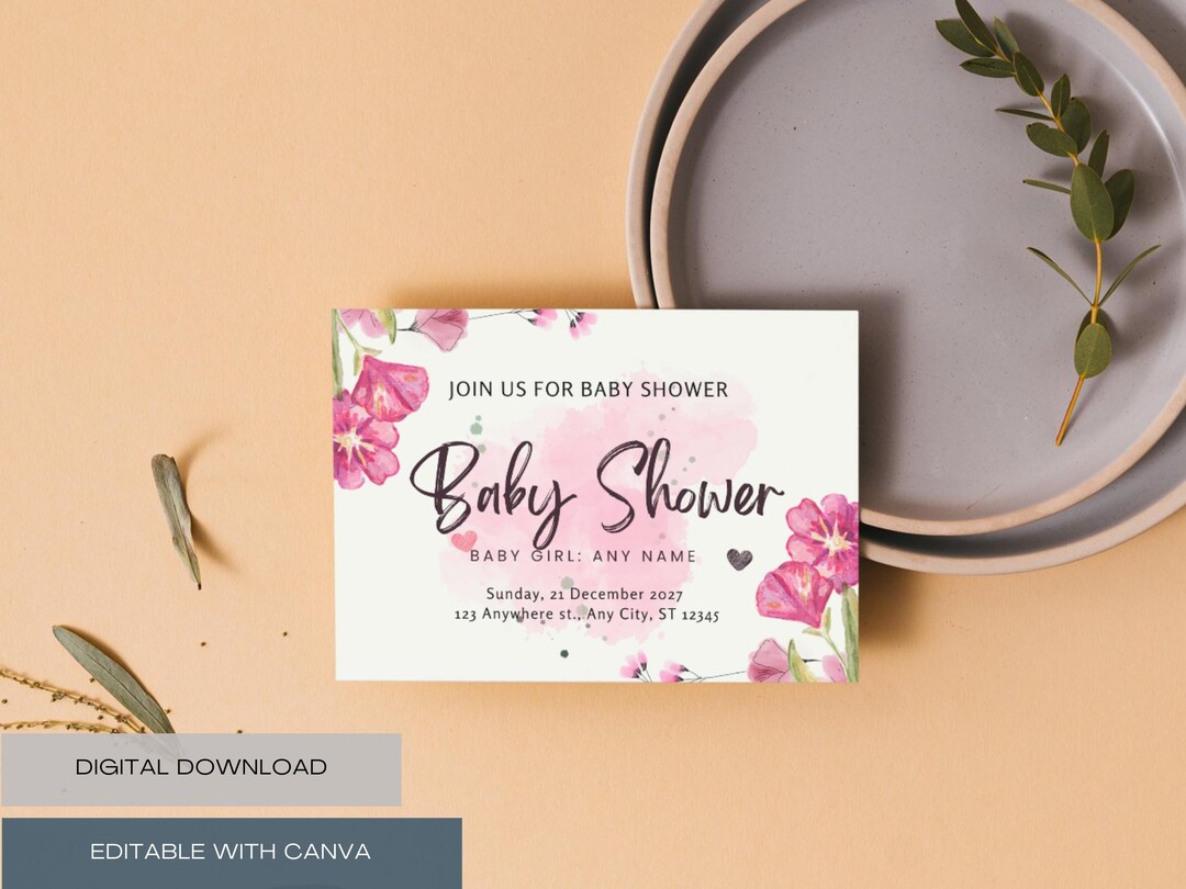 Pink Floral Baby Shower Invitation – Editable Canva Template ...