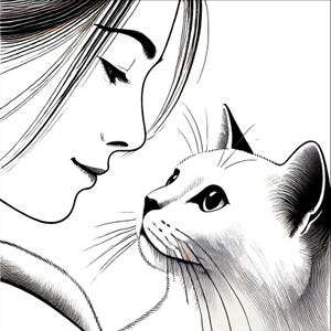 May include: Black and white illustration of a woman and a cat. The woman's face is in profile, with long hair and closed eyes, gazing at the cat. The cat is white with black markings, looking up at the woman.