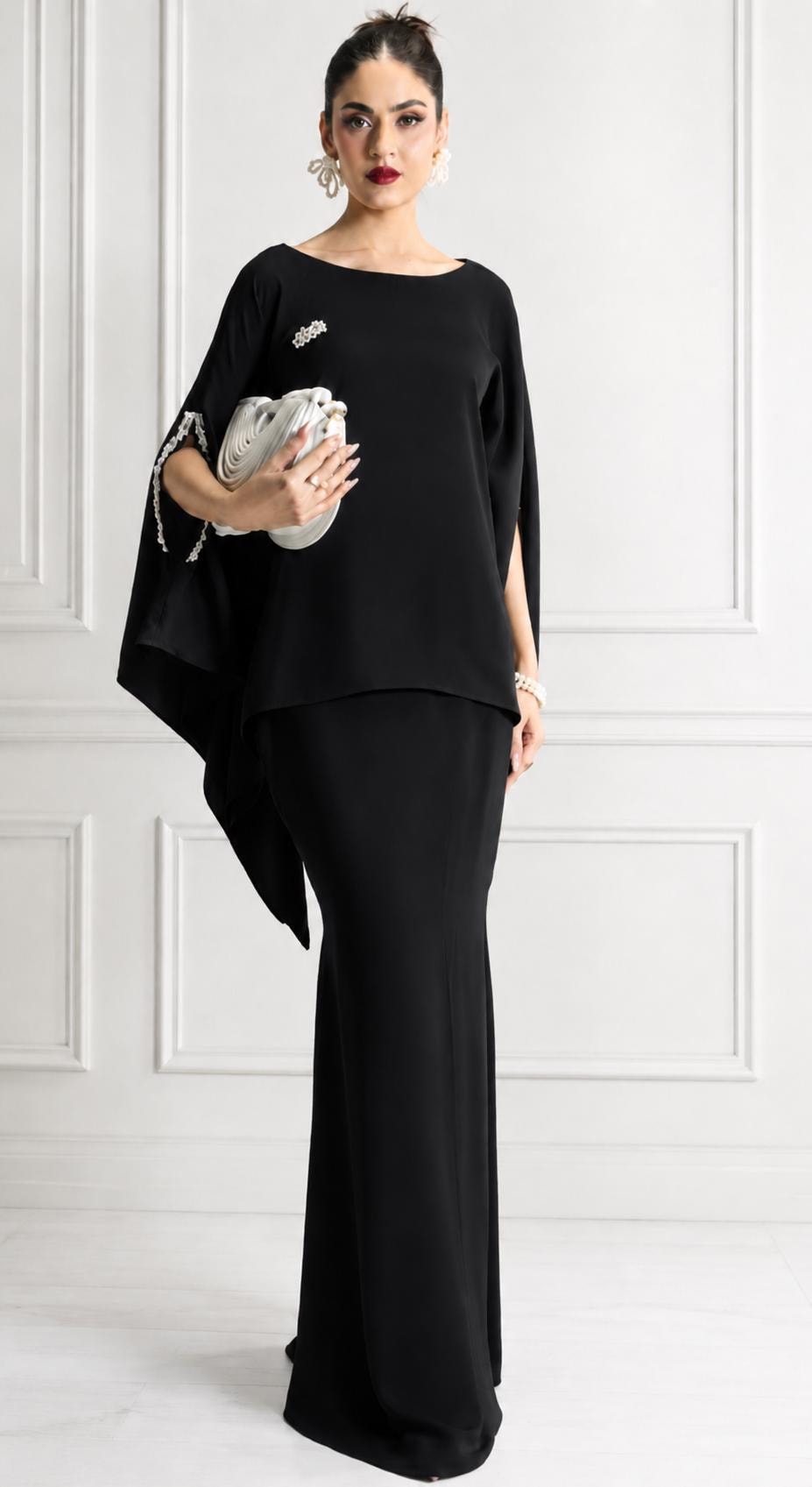 knee length dresses for ladies Luxury Wine Red Long Sleeves Muslim Evening Dress with Cape SS202 main image 0