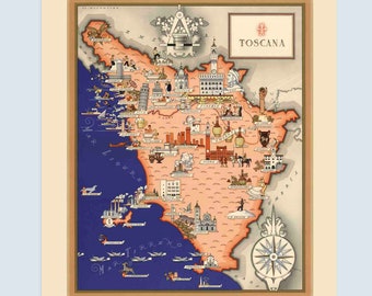 Tuscany Toscana Italy Vintage Map, Tuscany Decor, Tuscany Gift Ideas, Italian Wall Art