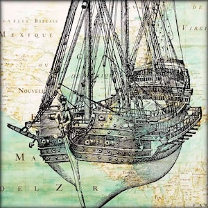 Impresión de barco barco, impresión de arte de mapa de velero, mapa antiguo de barco de guerra de América del Este, arte náutico, decoración de habitaciones para niños, decoración de cabañas de playa,
