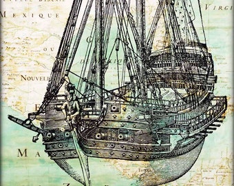 Stampa antica di una nave con mappa, arte nautica vintage
