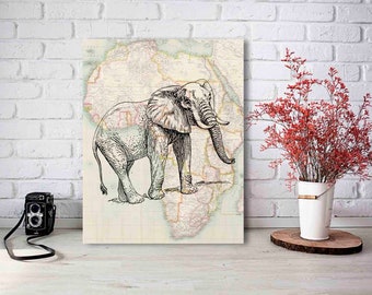 Elephant Room Decor, Vintage Africa Map, Elephant Art Print, Elephant Party Decor