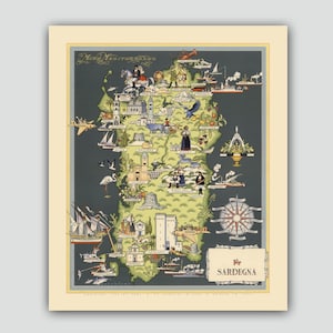 Carte vintage Sardaigne Italie, décoration Sardaigne, idées cadeaux Sardaigne, décoration murale italienne, impression Sardaigne