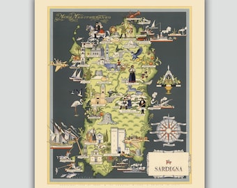 Mappa vintage della Sardegna, Italia, con punti di riferimento illustrati.