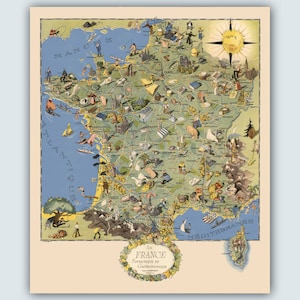 Vintage France Food Map, French Gifts, France Tourist Map, Kitchen Wall Decor