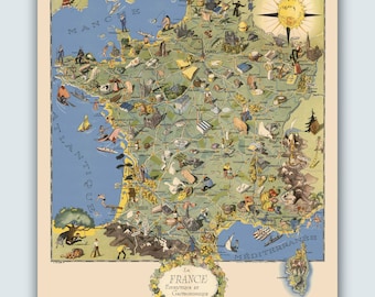 Vintage France Food Map, French Gifts, France Tourist Map, Kitchen Wall Decor