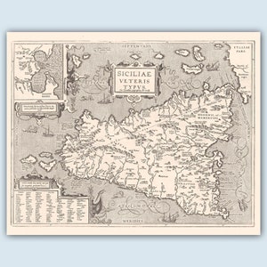 Mapa antiguo de Sicilia, ideas de regalos de Sicilia, decoración de Sicilia