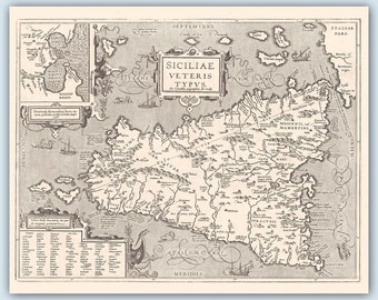 Mapa antiguo de Sicilia, ideas de regalos de Sicilia, decoración de Sicilia