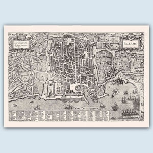 Puede incluir: Un mapa vintage en blanco y negro de Palermo, Italia, con el texto "PALERMO" en la esquina superior derecha. El mapa muestra las calles, los edificios y el puerto de la ciudad. El texto "MARE MEDITERRANEUM" está en la parte inferior del mapa.