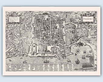 Antique Palermo Map, Sicily Gift Ideas, Palermo Sicilia Map