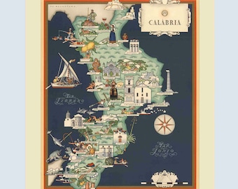 Mappa vintage della Calabria, Italia, decorazione murale italiana