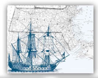 Stampa di barca a vela, arte nautica, nave blu, fregata. Mappa antica del Massachusetts, arte cartografica, arte decorativa, regalo per marinai, nautica