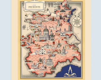 Mappa vintage del Piemonte, decorazioni del Piemonte, idee regalo per l'Italia