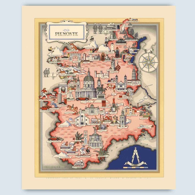 Piemonte Italy Vintage Map, Piedmont Decor, Italy Gift Ideas Etsy