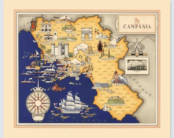 Campania Italy Vintage Map, Napoli Decor, Napoli Gift Ideas