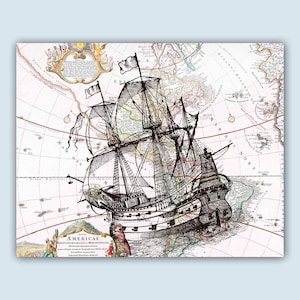 Vintage ship print, Amerika Kaart, Childrens Room Decor, Vessel Art