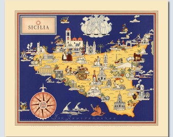 Sicily map, vintage Sicily map, Sicilian wall art, Sicilian map for decoration