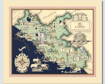 Lazio Italy Vintage Map Print, Roma Wall Decor