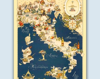 Mapa de comida vintage de Italia, regalos italianos, decoración de la pared de la cocina