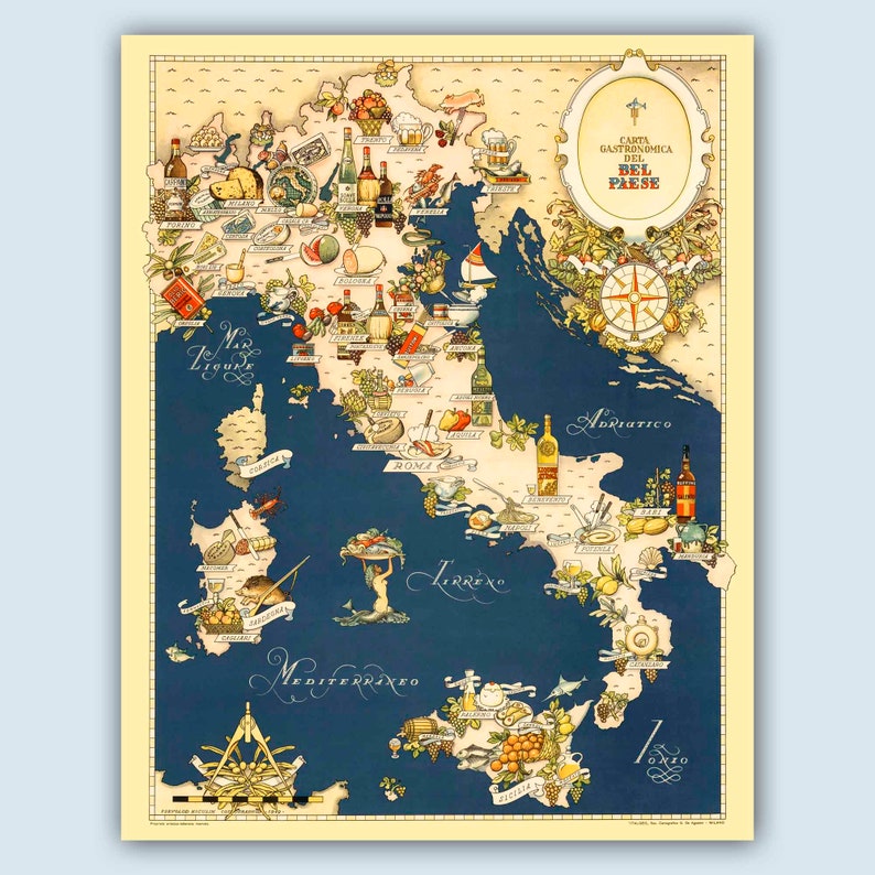 Mapa de comida vintage de Italia, regalos italianos, decoración de la pared de la cocina image 1