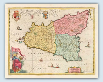 Stampa antica della mappa della Sicilia, decorazione italiana, riproduzione del XIX secolo.