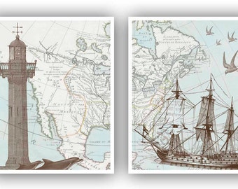 Nautical Diptych sailboat lighthouse antique North America map poster vintage modern collage  gift for him map art wall decor, ships arts