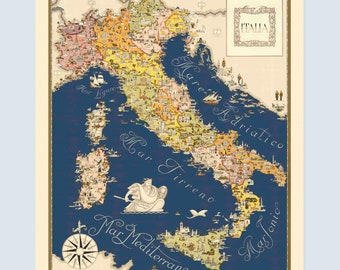 Mappa illustrata dell'Italia, decorazione italiana vintage (file digitale)