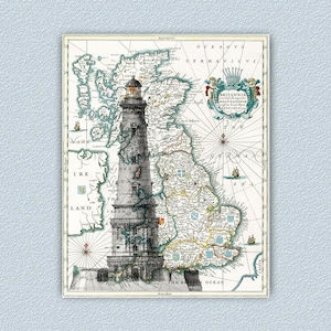 Lighthouse Print, Vintage UK Map, British Home Decor, British Gifts