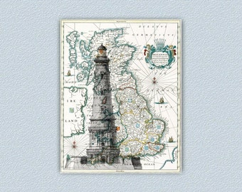 Lighthouse Print, Vintage UK Map, British Home Decor, British Gifts