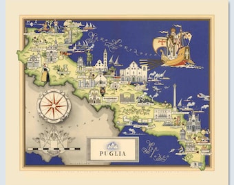 Stampa vintage della mappa della Puglia, Italia, con illustrazioni di monumenti e luoghi d'interesse.