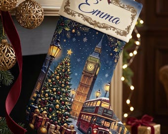 Personalized London Christmas Stocking, Custom Name Big Ben Holiday Stocking, Cozy Mantel Decor 2026 2027