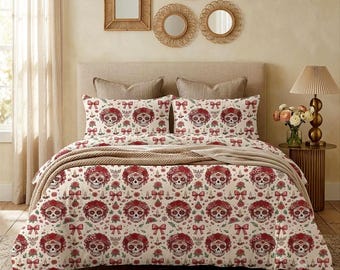 Cute Halloween Duvet Cover Set, Kawaii Sugar Skull Rose Pattern Bedding, Pastel Goth Bedroom Decor, Spooky Season Duvet, Teen Dorm Halloween