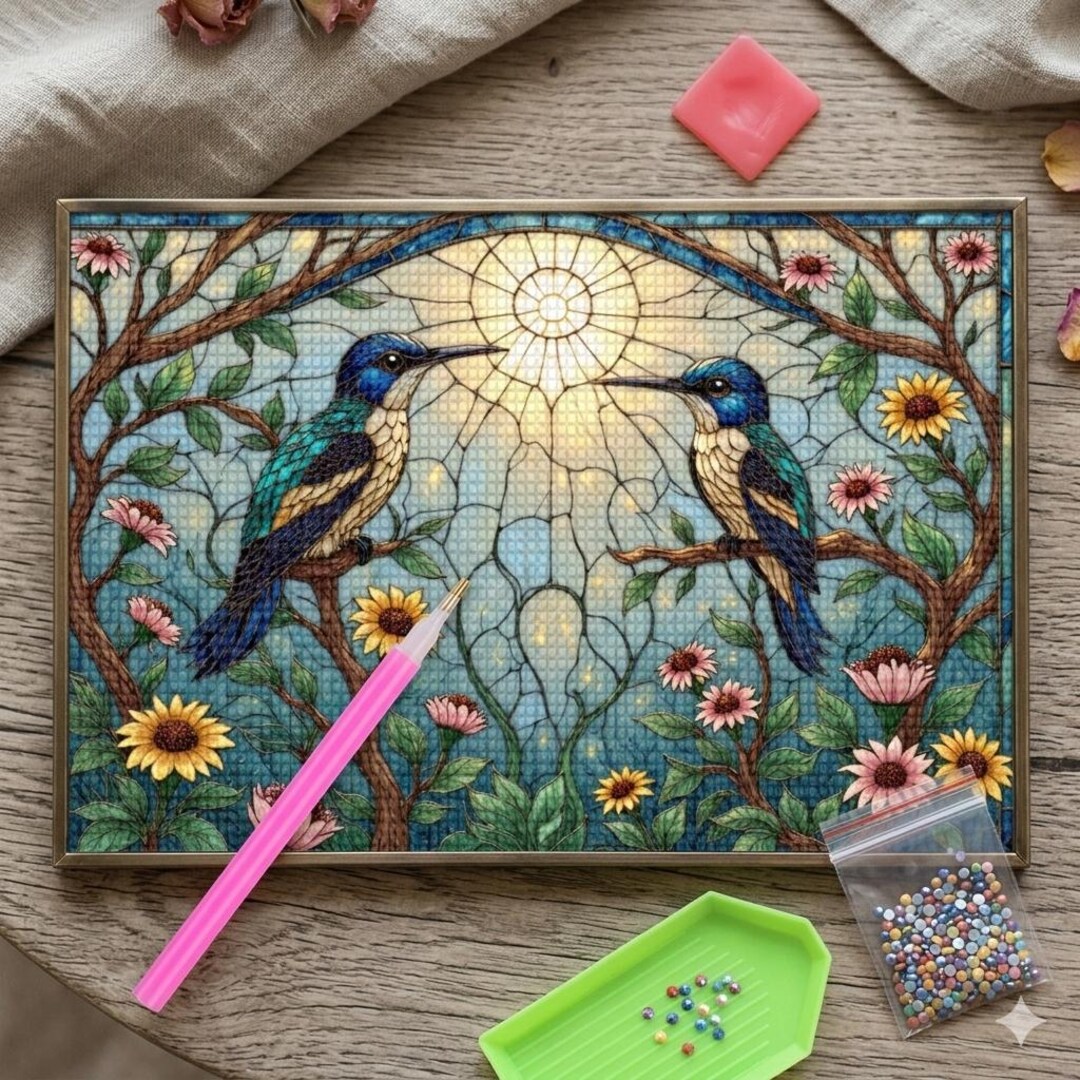 Blue Bird Square Drill Diamond Painting Kit – Floral Stained Glass Art ...